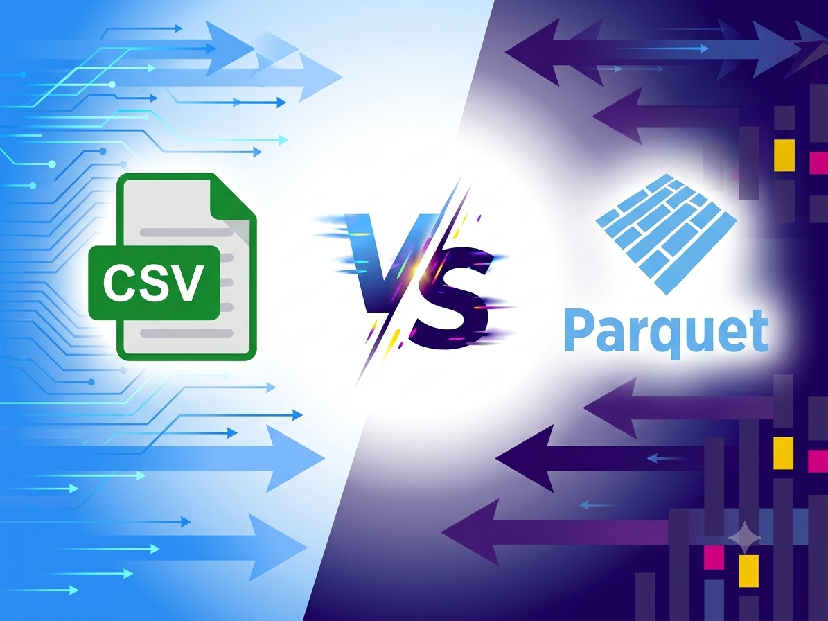 En CSV-filikon och en Parquet-logotyp på var sin sida om ett 'VS', ett tema för filformatsjämförelse