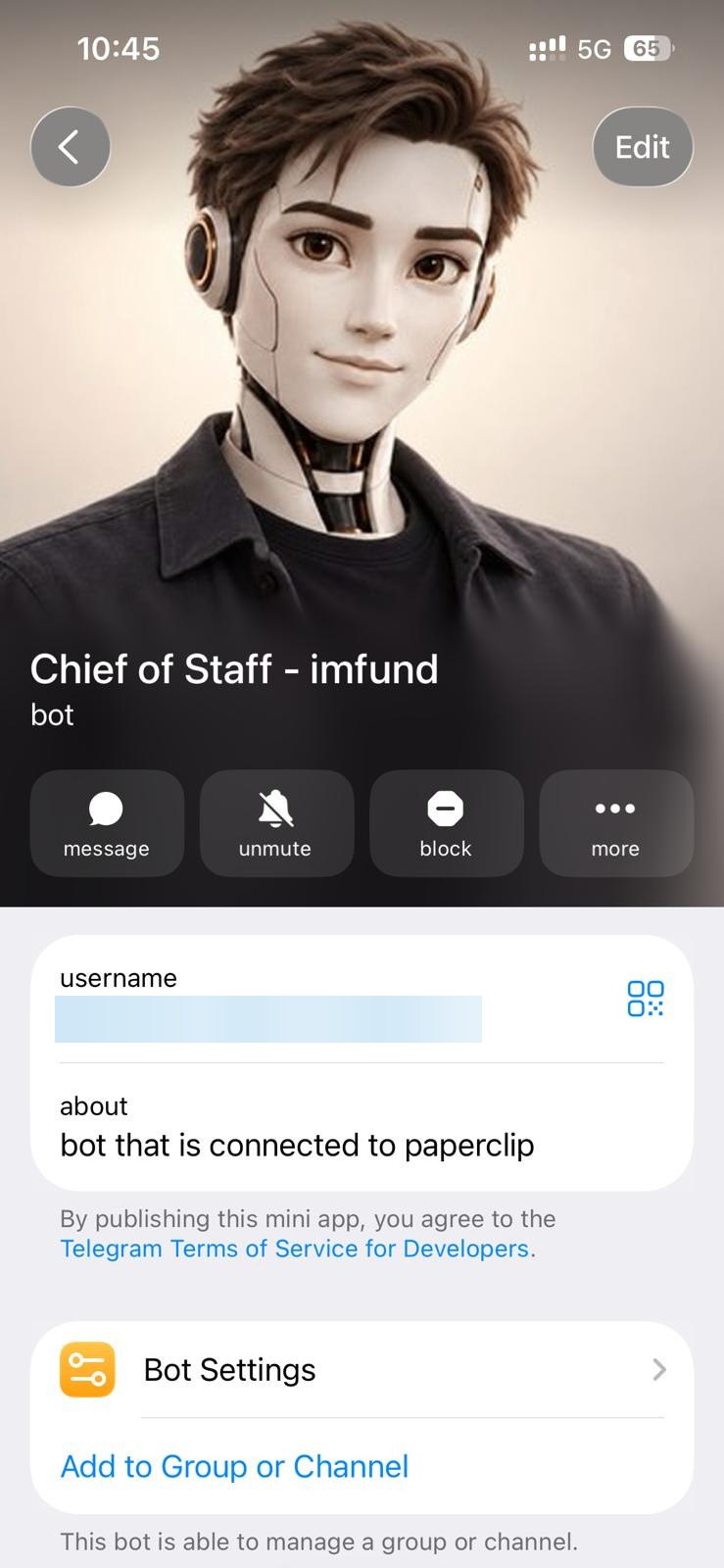 Profilen för Telegram-boten ”Chief of Staff - imfund”, som beskrivs som en bot kopplad till Paperclip